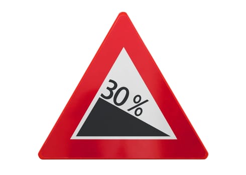 Traffic sign isolated - Grade, slope 30% - On white