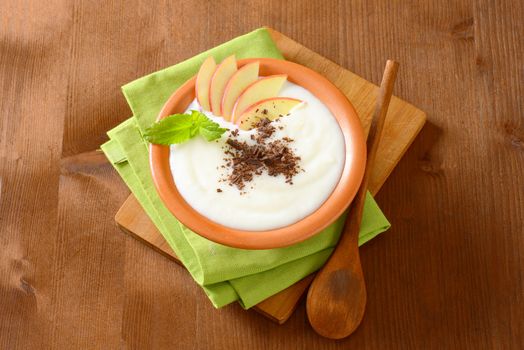 Bowl of milk pudding with apple slices and grated chocolate