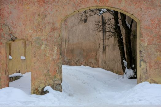 Winter in town. Gateway in Cesis, Latvia.