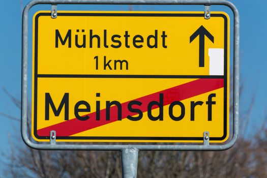 Town  Entrance sign of the village Meinsdorf, town Dessau Rosslau in Germany.