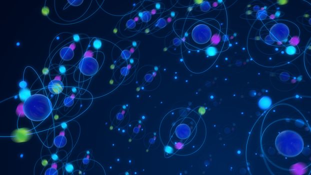A volumetric 3d illustration of abstract colorful atoms rotating around the central one in a funny way in the dark blue background. They shape the mood of chemistry and fun.