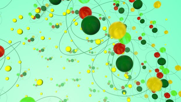 A funny 3d illustration of multicolored atoms whirling around the big central in an active way in the light olive backdrop. They form the mood of science, freedom and optimism