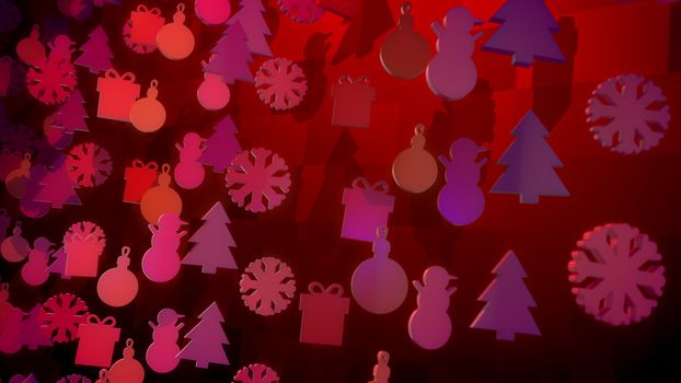 A festive 3d illustration of Christmas wooden figures soaring and whirling around in the purple and violet background. They create the mood of happiness, cheerfulness and joy.