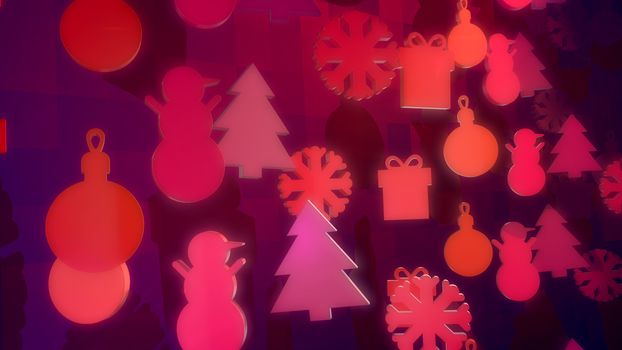 An inspiring 3d illustration of Christmas holiday toys creating festive mood and portraying snowmen, fir trees, snowflakes spinning around in the purple background