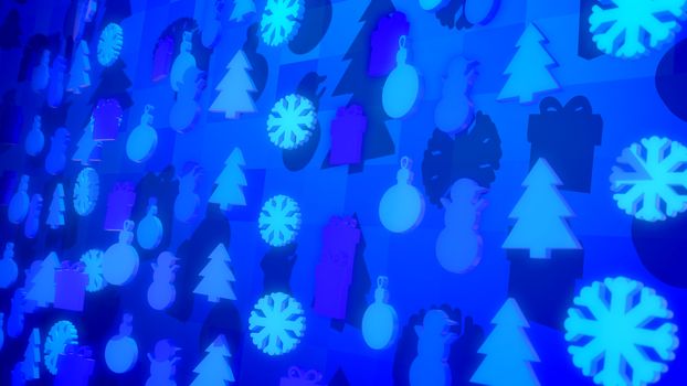 A congratulatory 3d illustration of Christmas holiday figures generating hilarious and festive mood and showing snowmen, snowflakes, pine trees spinning in the blue backdrop.