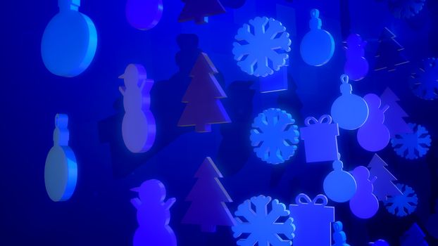 A happy 3d illustration of Christmas holiday toys creating jolly mood and showing snowmen, fir trees, festive balls, snowflakes, presents whirling around in the blue background.