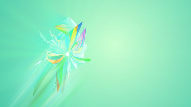 An opt art 3d illustration of polygonal and shining triangles spinning around like enigmatic creatures in the light green background. They form the mood of art and luxury