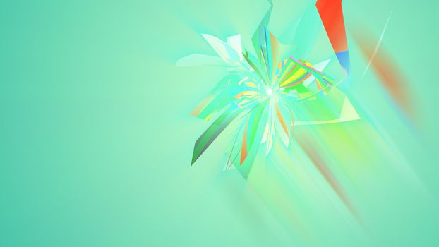 An arty 3d illustration of multishaped and colorful triangles forming multidimentional figures in the light green background. They generate the mood of abstract art and cheerfulness