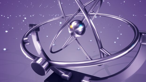 An artistic 3d illustration of a silver pendulum swaying in three spheres back and forth with glittering spots flying in the light violet background. It looks hi-tech.