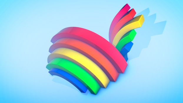 A cheery 3d illustration of two rainbow arces jumping up and down in spiral ways in the celeste background. They generate the mood of cheerfulness, fun and optimism.