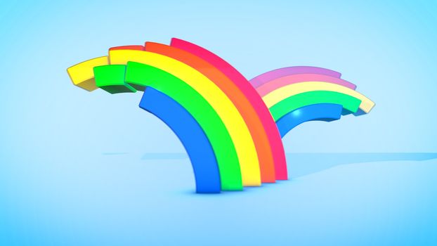 A merry 3d illustration of two rainbow arches placed horizontally in spiral ways in the celeste background. They generate the spirit of joy, festival and happiness.