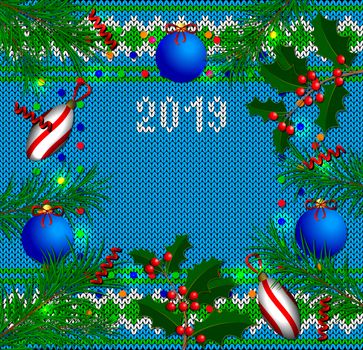 New Year banner. Knitted texture, Christmas tree branches, holly branches, Christmas tree decorations, confetti, ribbons, text 2019.