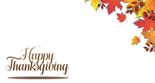 White Isolated Happy Thanksgiving type in corner with Fall Leaves