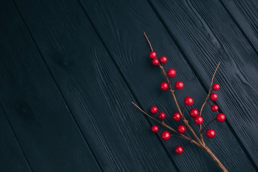 Christmas composition. Fir branches needles and berries of viburnum on a black background. New Year's composition