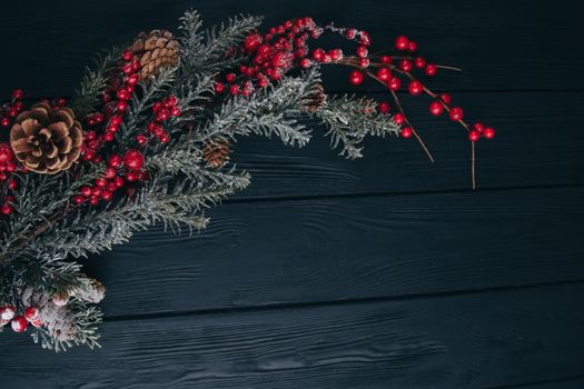 Christmas composition. Fir branches needles and berries of viburnum on a black background. New Year's composition