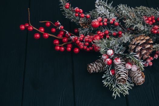 Christmas composition. Fir branches needles and berries of viburnum on a black background. New Year's composition