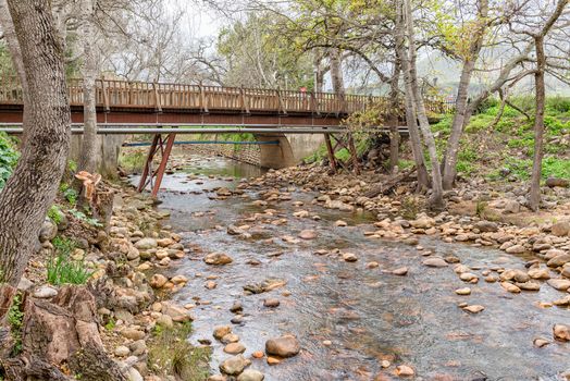 An historic steel and wood pedestrian bridge and a concrete road bridge over the Eerste River in Stellenbosch in the Western Cape Province