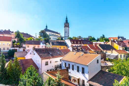 Litomerice cityscape with baroque St. Stephen's Cathedral and bell tower, Litomerice, Czech Republic. View from fortification walls and baileys.