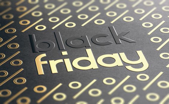 Text Black Friday embossed on paper texture with golden percent symbols. Sale event background. 3D illustration.