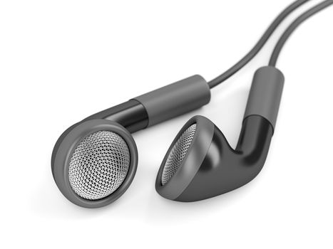 Black wired earphones on white background, shallow DOF