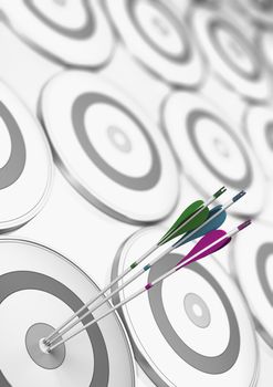 Three different arrows hitting the center of a white and grey target. Success and performance improvement concept. 3D illustration.