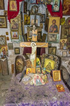 Iconostasis in lost chapel at Hymettus forest near Kaisariani, Athens, Greece