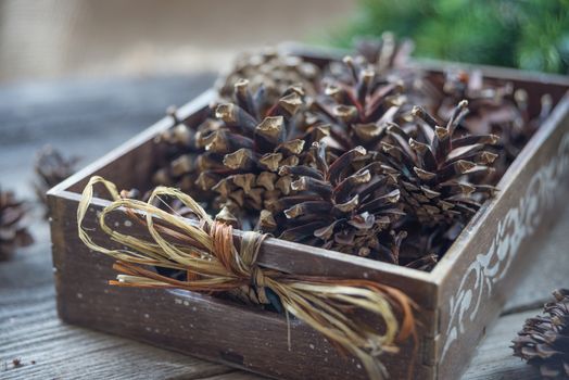Christmas concept: full wooden box of pine cones and red holly berries and spruce branches on the background of old unpainted wooden boards