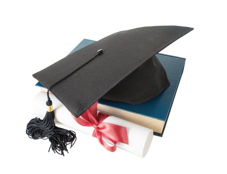Black graduate hat, big blue book and paper scroll tied with red ribbon with a bow, isolated on white background