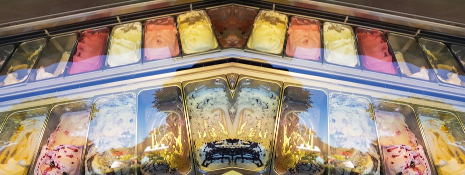 View from above into the display of an ice cream parlor with different types of ice cream.