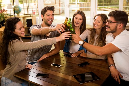 Group of friends hanging out and making a toast with beer 