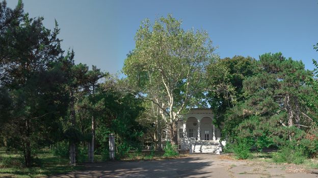 Old abandoned Chkalov sanatorium in Odessa, Ukraine, in a sunny summer day