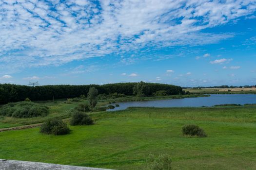 Panoramic view of the swimming, fishing and nature area Eixen lake. Shot from the lookout tower