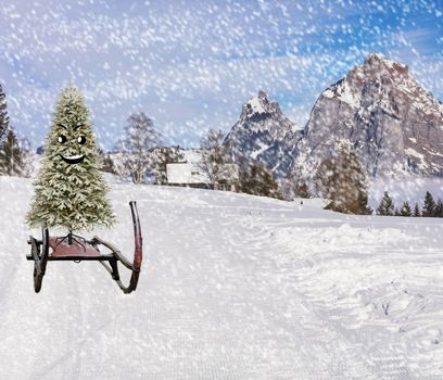 Funny smiling happy christmas tree sliding down the ski hill slope in a winter mountain landscape in snowy cold weather