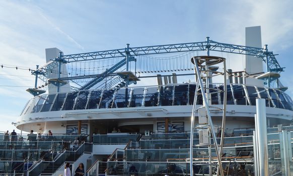 View of the upper deck of the cruise liner MSC Meraviglia, recreation area and amusement Park with rope ladders, October 7, 2018.