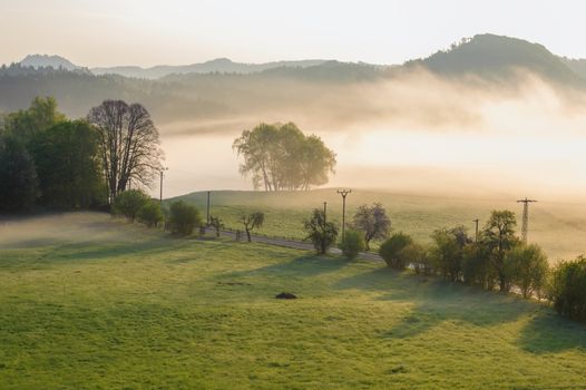 Autumn landscape with hills and forests in sunny morning mist