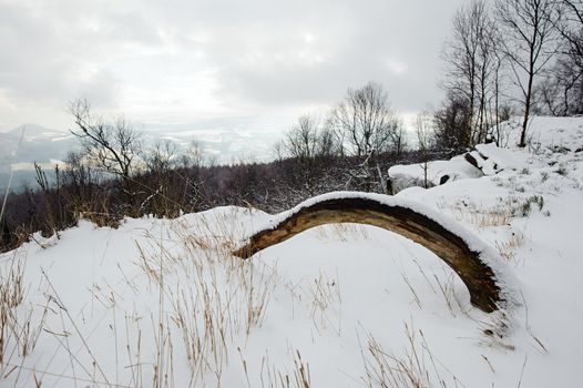 Winter landscape covered with snow and snow clouds