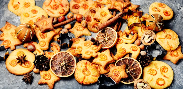 Christmas cookie on slate background.Xmas decoration.Festive food