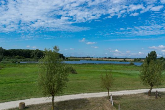 Panoramic view of the swimming, fishing and nature area Eixen lake. Shot from the lookout tower