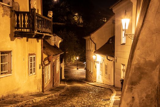 Narrow cobbled street in old medieval town with illuminated houses by vintage street lamps, Novy svet, Prague, Czech Republic. Night shot.