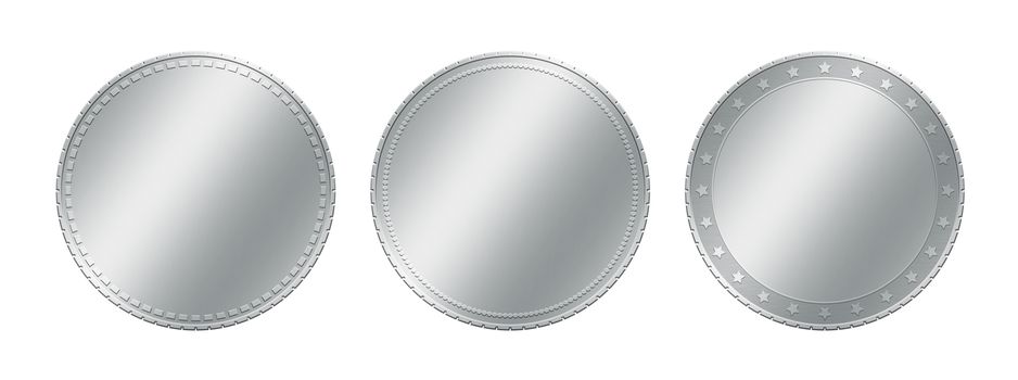 Close up three different silver grey metal blank coins template or award achievement badges isolated on white background
