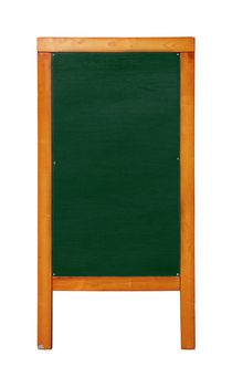 Close up green standing blank clean chalkboard menu in brown wooden frame isolated on white background