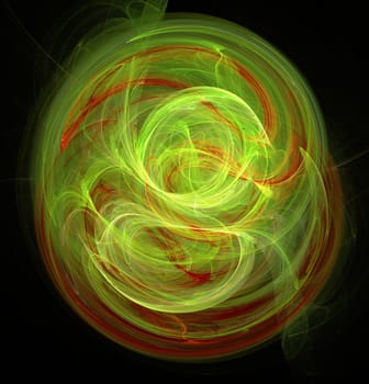 Fractal abstraction. A glowing center around which spirals and waves. Green and red, black background