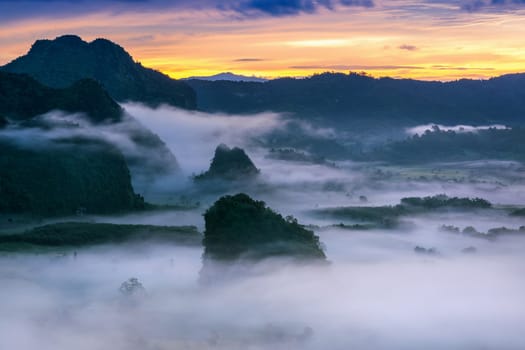 Sunrise on the morning mist at Phu Lang Ka, Phayao in Thailand.