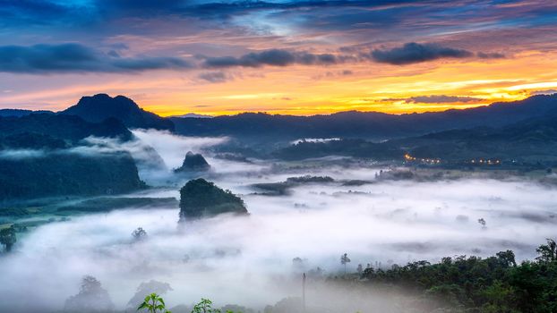 Sunrise on the morning mist at Phu Lang Ka, Phayao in Thailand.