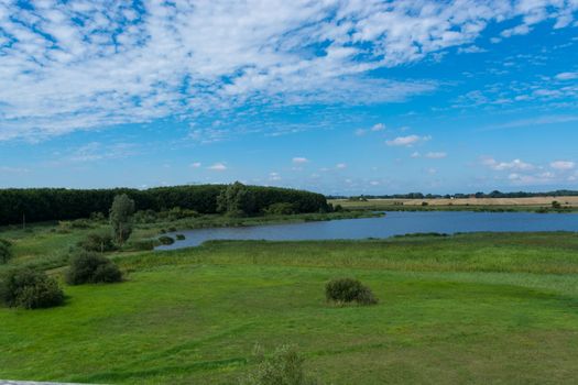 Panoramic view of the swimming, fishing and nature area Eixen lake. Shot from the lookout tower