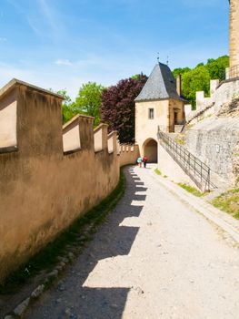 First Gate, entrance to old royal gothic castle of Karlstejn, Czech Republic.