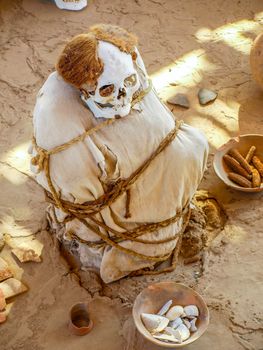 Pre-incan mummy in Chauchilla archeological site, Nazca, Peru.
