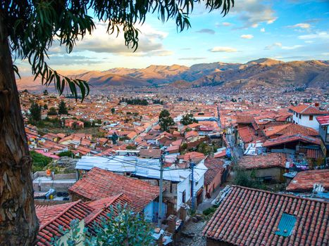 Aerial view of streets and houses in Cusco city, Peru.