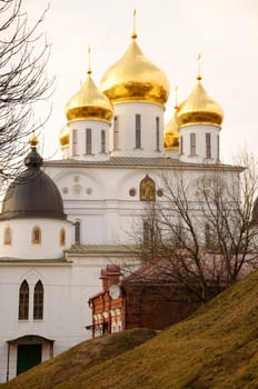 Uspensky orthodox Cathedral sobor with golden domes, Dmitrov, Moscow region, Russia