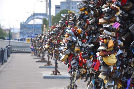 Thousands of wedding heart locks near Moscow River in Moscow, Russia